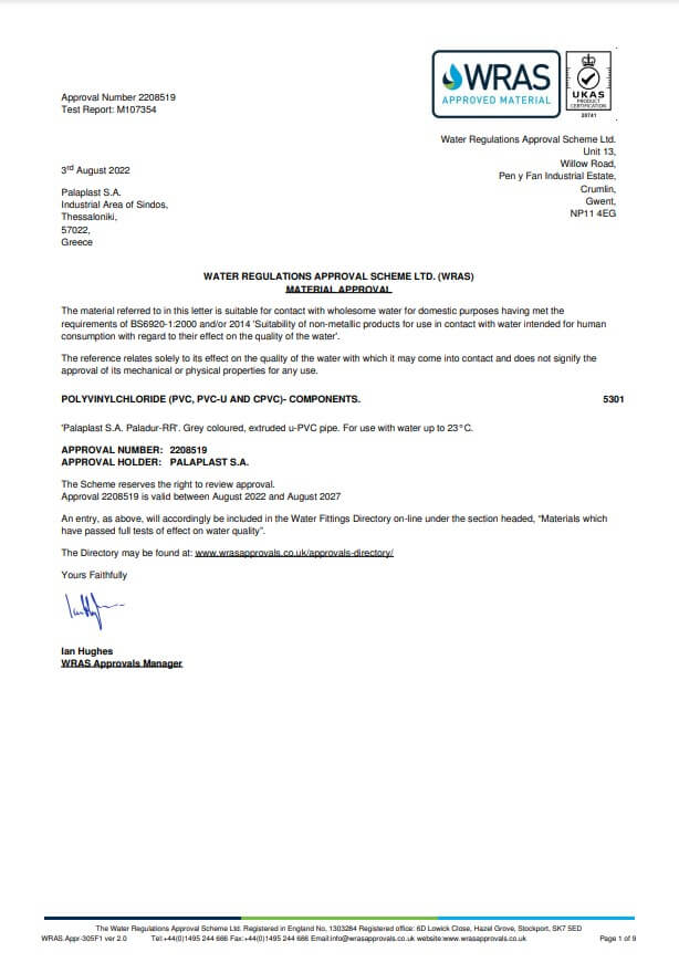 WATER REGULATIONS APPROVAL SCHEME – 2208519 – PALAPLAST S.A