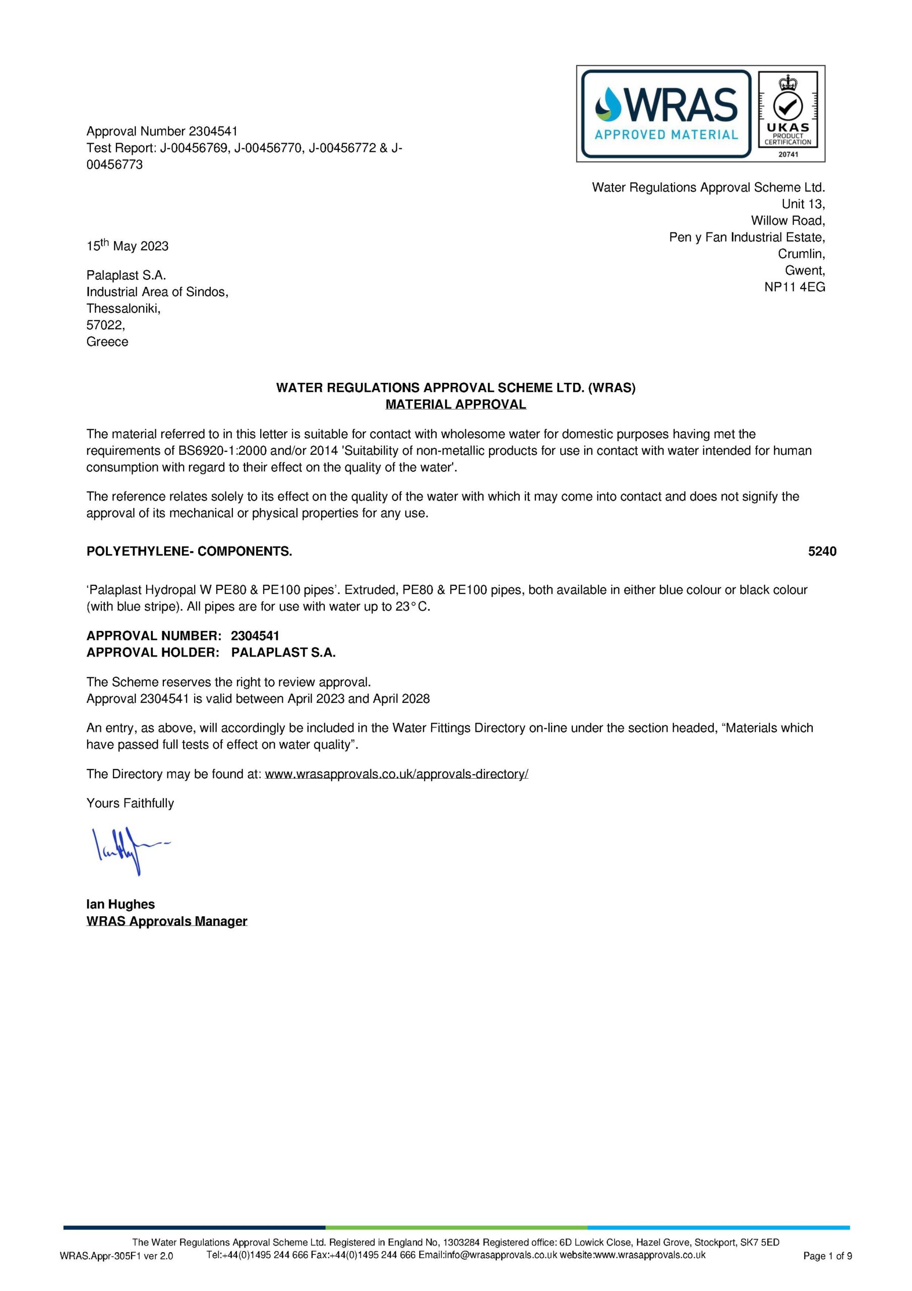 WATER REGULATIONS APPROVAL SCHEME – 2304541 – PALAPLAST S.A.