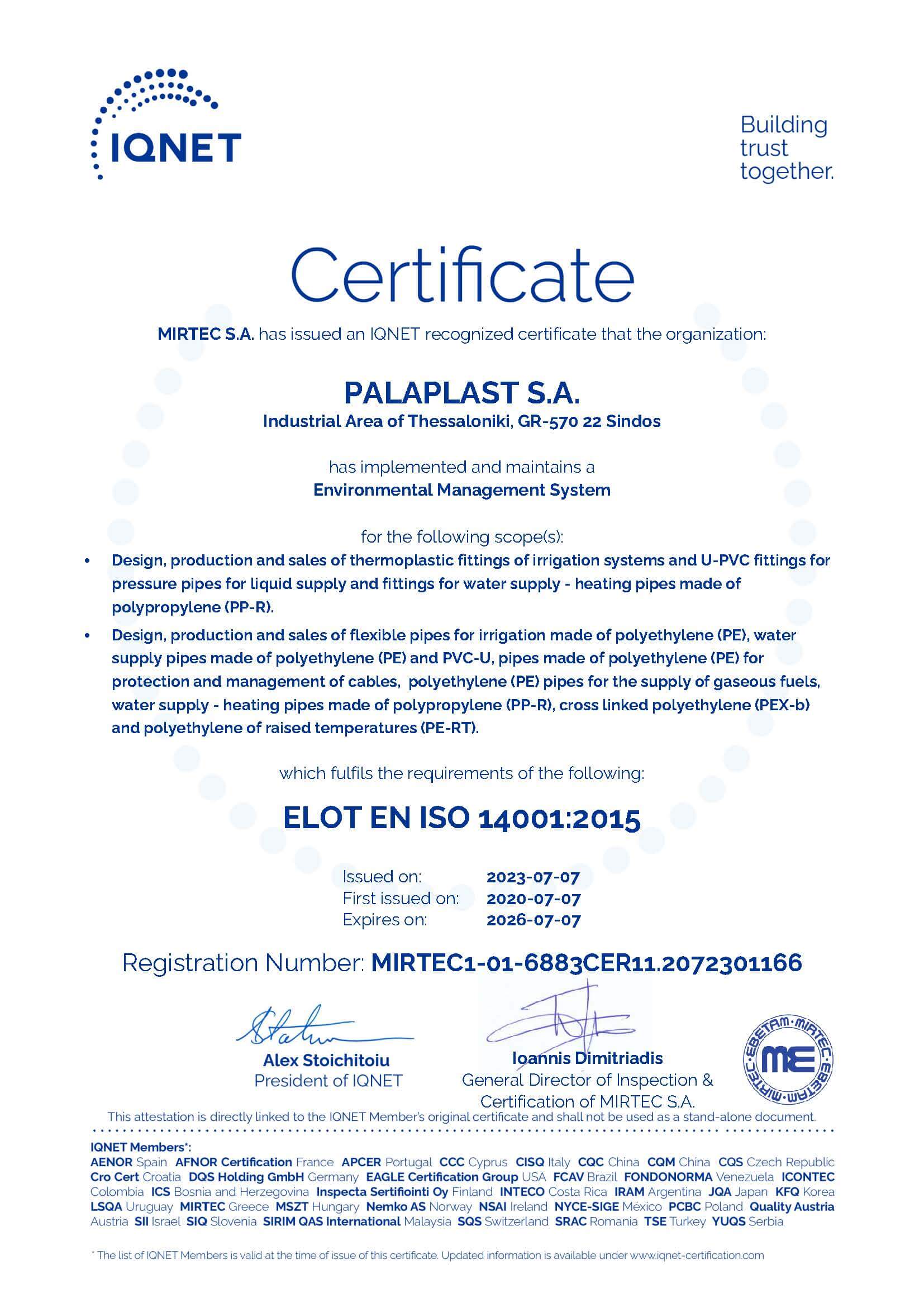 IQNET – PALAPLAST S.A. – 14001