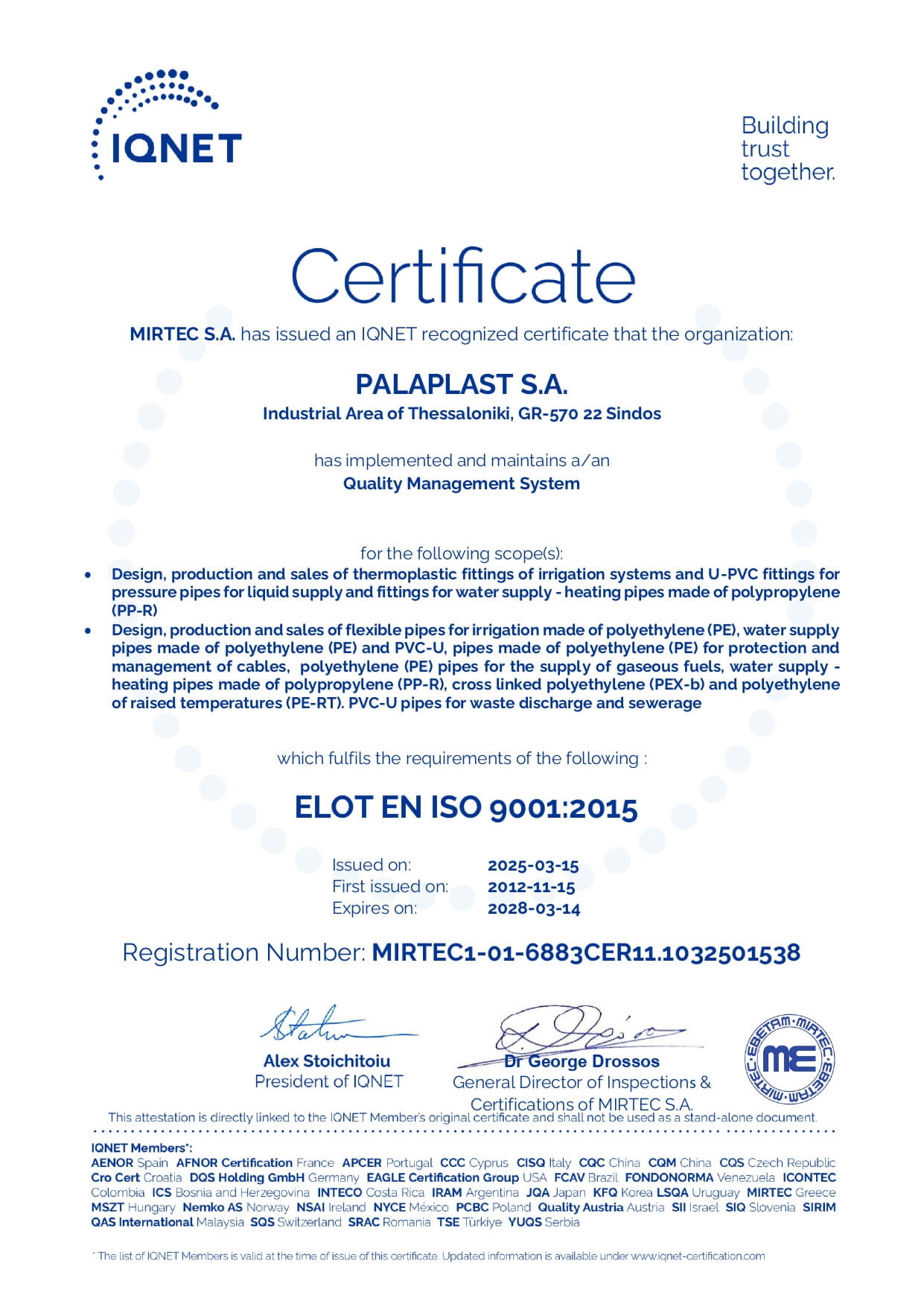 IQNET – PALAPLAST S.A. – ELOT EN ISO 9001