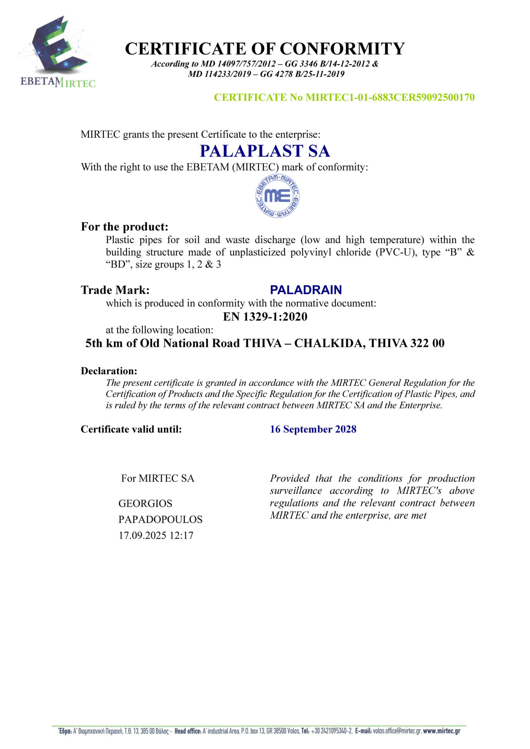 CERTIFICATE OF CONFORMITY – EBETAM (MIRTEC) – EN 1329